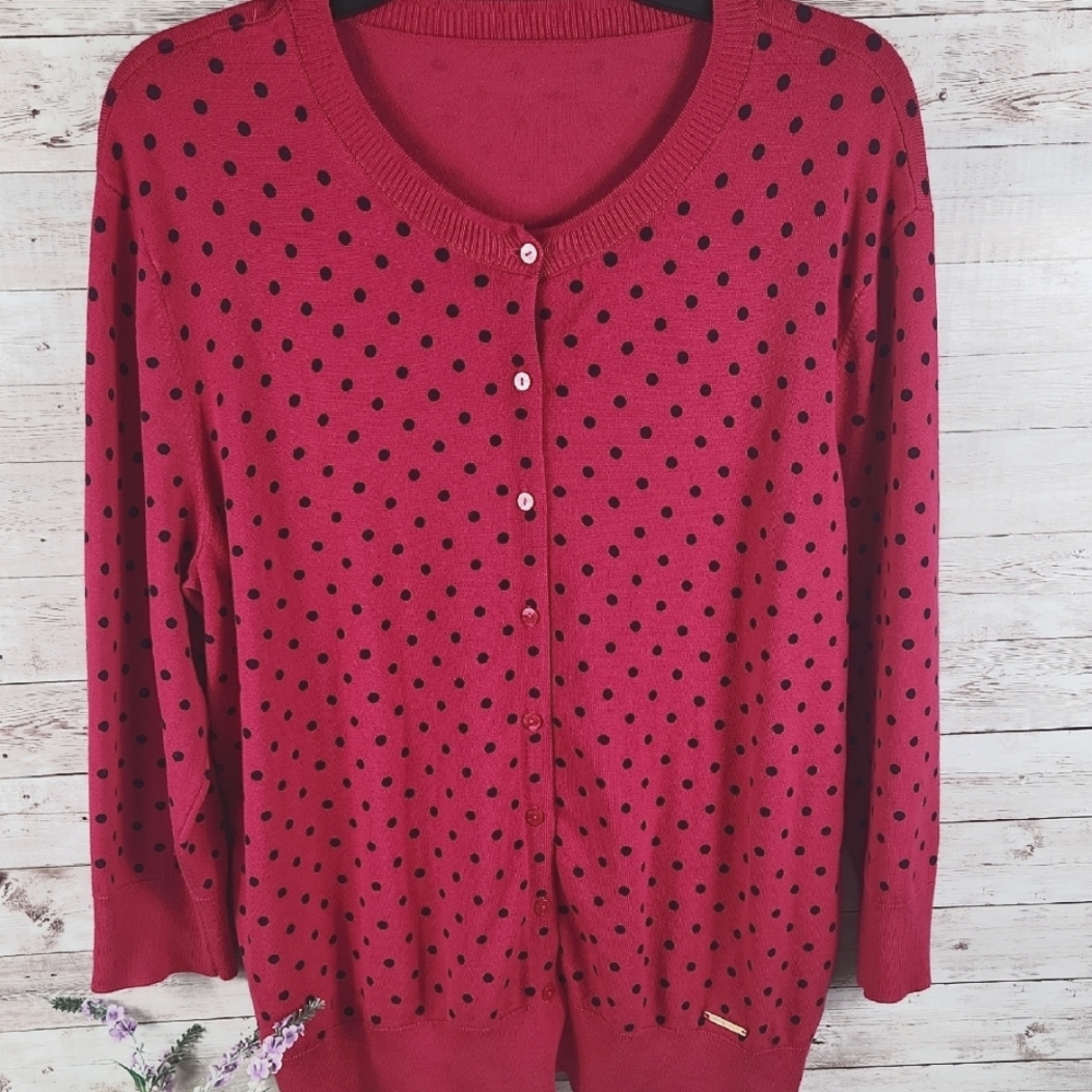 Ellen Tracy, Fushia/Blk Polka Dot Sweater. Sz Label Missing, Measurement Listed - Picture 2 of 10